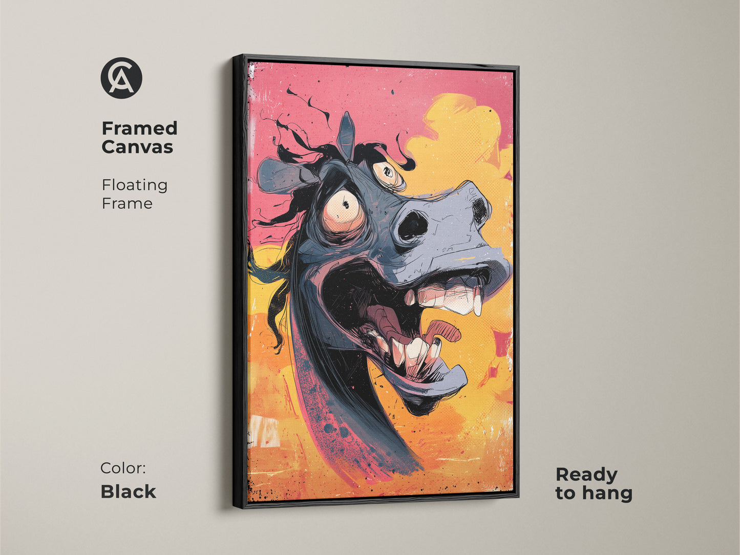 Framed canvas floating frame in black showcasing cartoon horse wall art. This funny animal print is perfect for eclectic office decor. It's a great gift for horse lovers. The humorous horse portrait adds a unique touch to any space. Ready to hang.