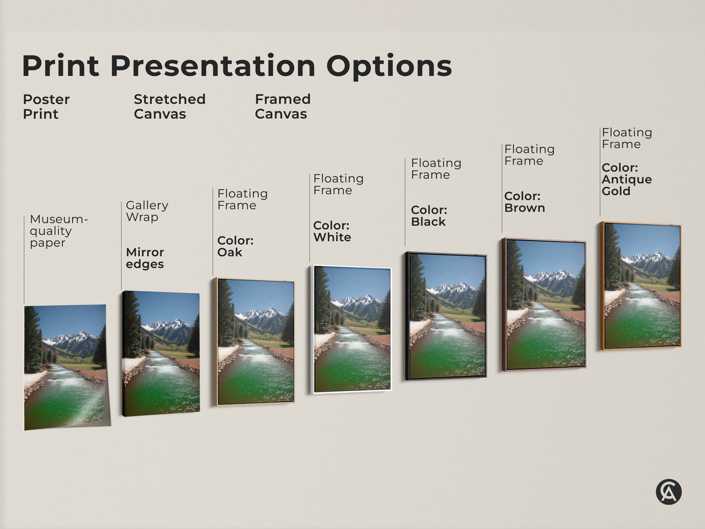 Explore print presentation options for mountain river landscape art. Choose from poster prints stretched canvas or framed canvas. Each option showcases the rustic turquoise river and pine tree artwork. Find the perfect style for your home.