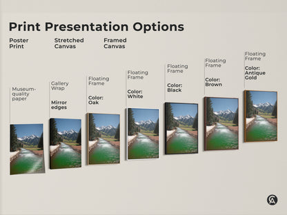 Explore print presentation options for mountain river landscape art. Choose from poster prints stretched canvas or framed canvas. Each option showcases the rustic turquoise river and pine tree artwork. Find the perfect style for your home.