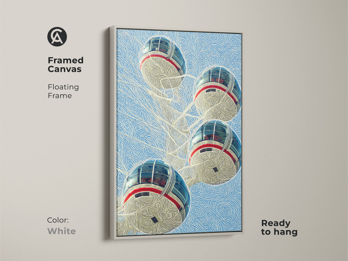 Showcasing our framed London Eye canvas artwork with a white floating frame. This blue red wall art print brings a modern city view into your home. The contemporary cityscape adds sophistication and is ready to hang instantly.