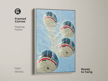 Showcasing our framed London Eye canvas artwork with a white floating frame. This blue red wall art print brings a modern city view into your home. The contemporary cityscape adds sophistication and is ready to hang instantly.
