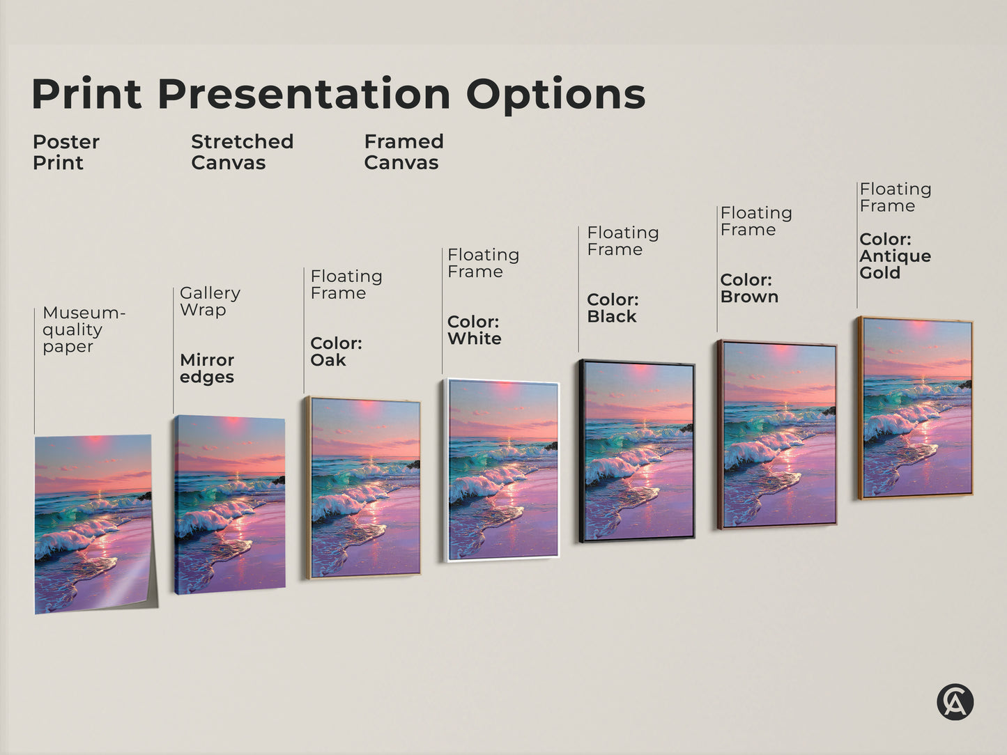 Print presentation options for dreamy ocean sunset artwork. Choose from poster print stretched canvas or framed canvas. Various floating frame colors available. Coastal wall art.