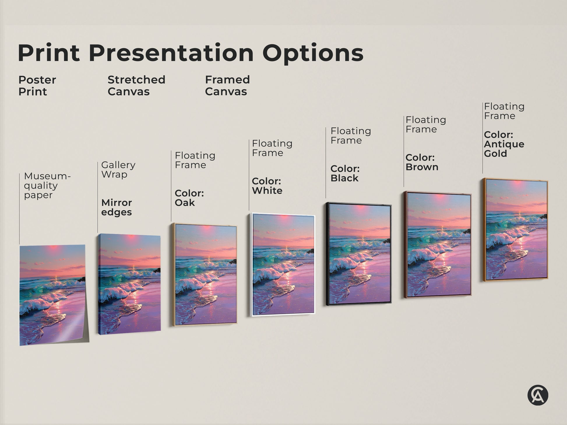 Print presentation options for dreamy ocean sunset artwork. Choose from poster print stretched canvas or framed canvas. Various floating frame colors available. Coastal wall art.