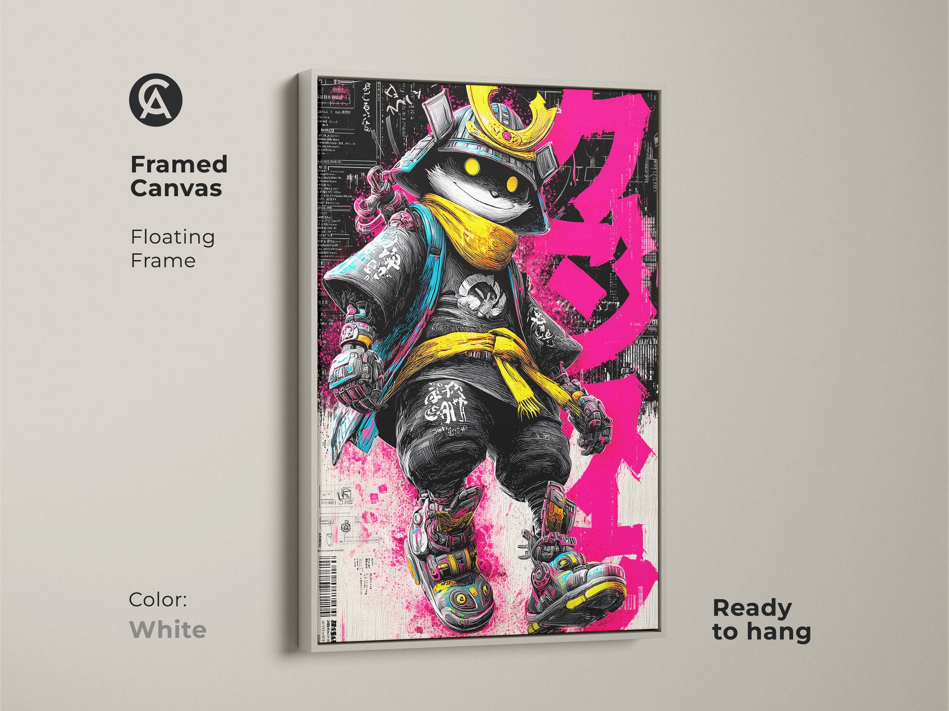 Framed canvas of Samurai Cat artwork with a white floating frame. The artwork features a cat dressed as a samurai warrior. The cat wears a golden helmet and yellow scarf. The art is ready to hang. The white frame provides a clean modern aesthetic.