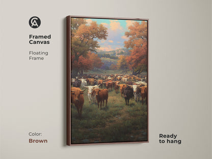 Framed canvas in brown showing a longhorn cattle herd in an autumn scene. Ready to hang floating frame enhances the rustic living room artwork. This traditional animal art makes a unique western gift. Complements farmhouse kitchen art.