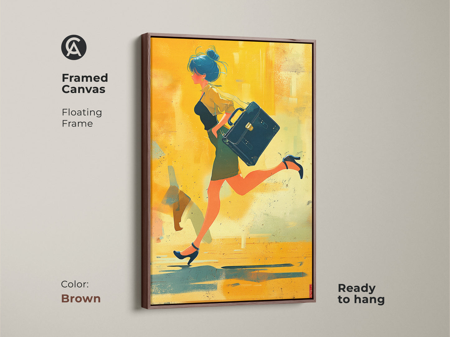 Framed canvas of a woman with briefcase. Modern abstract art with brown floating frame. The abstract yellow orange and teal art is ready to hang. Perfect abstract urban scene.