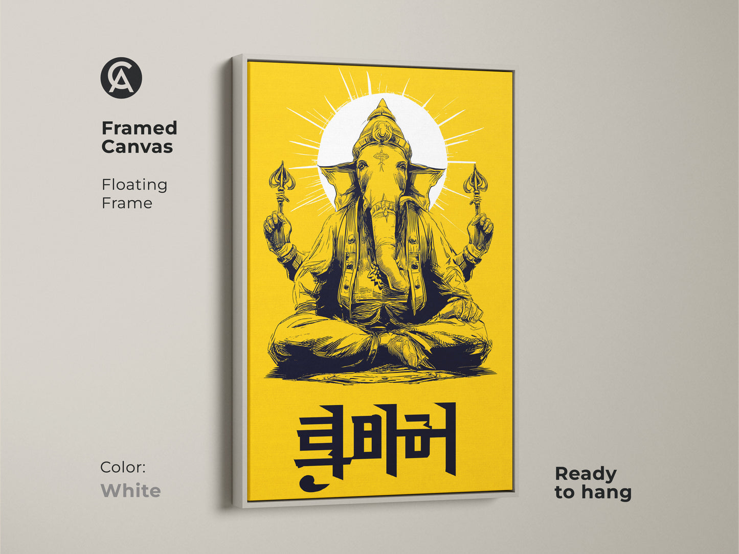 Framed canvas print of Ganesha art in a white floating frame. The yellow and black Hindu wall art is ready to hang. This spiritual deity artwork complements any decor. The mythology art print brings divine art to your home.