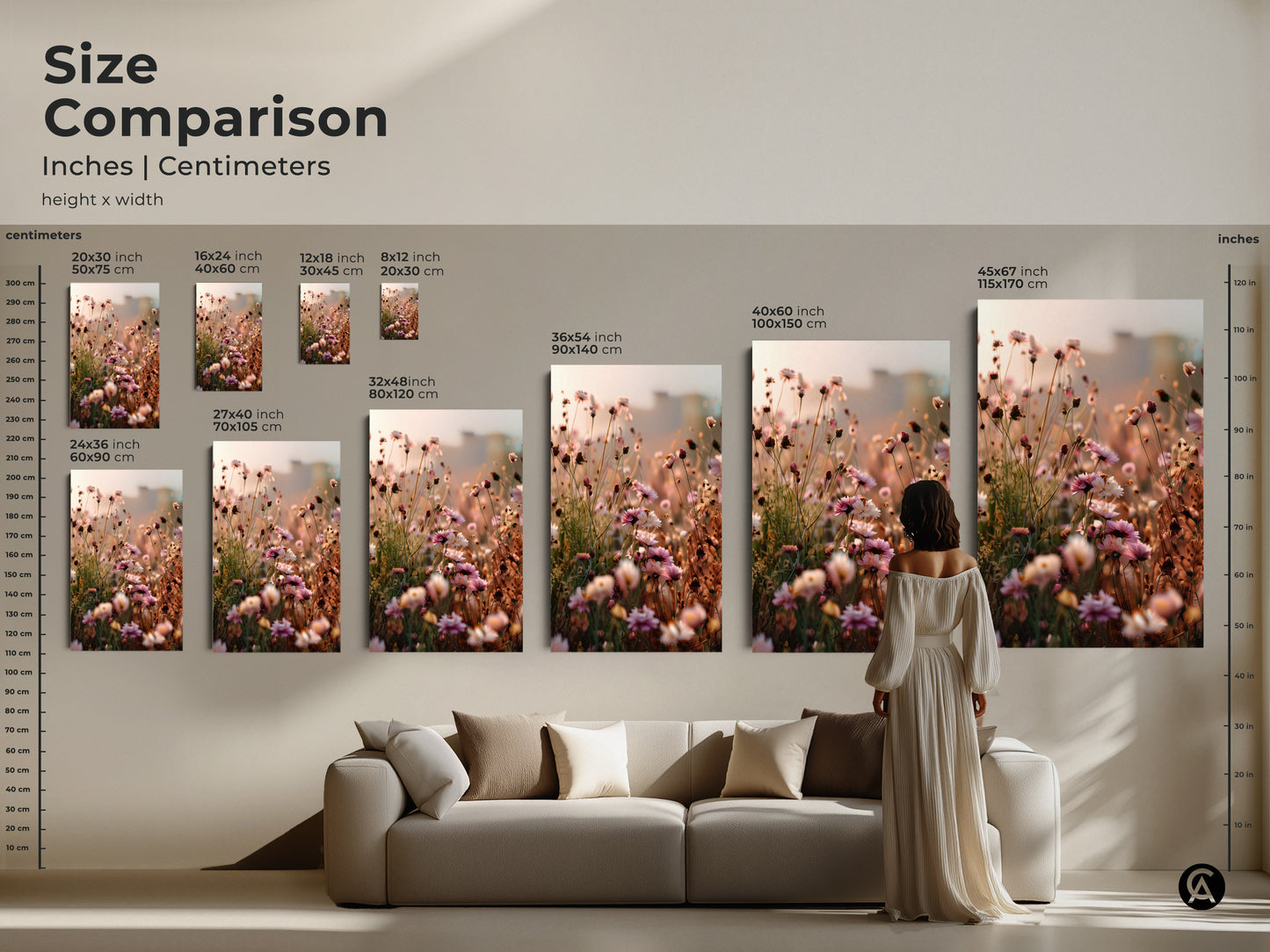 Size comparison of wildflower art prints in inches and centimeters. See how the artwork fits above a couch. Choose from various sizes to enhance your space. Find the perfect dreamy impressionistic canvas for your botanical bedroom decor.