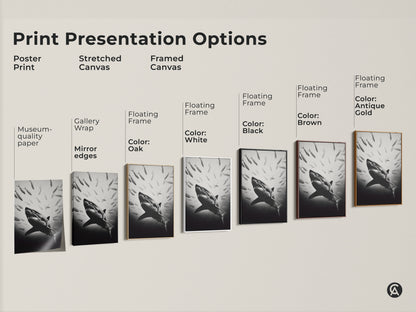 Explore print presentation options with this monochrome shark artwork. Choose from poster prints stretched canvas and framed canvas. Available with museum-quality paper gallery wrap and floating frames.