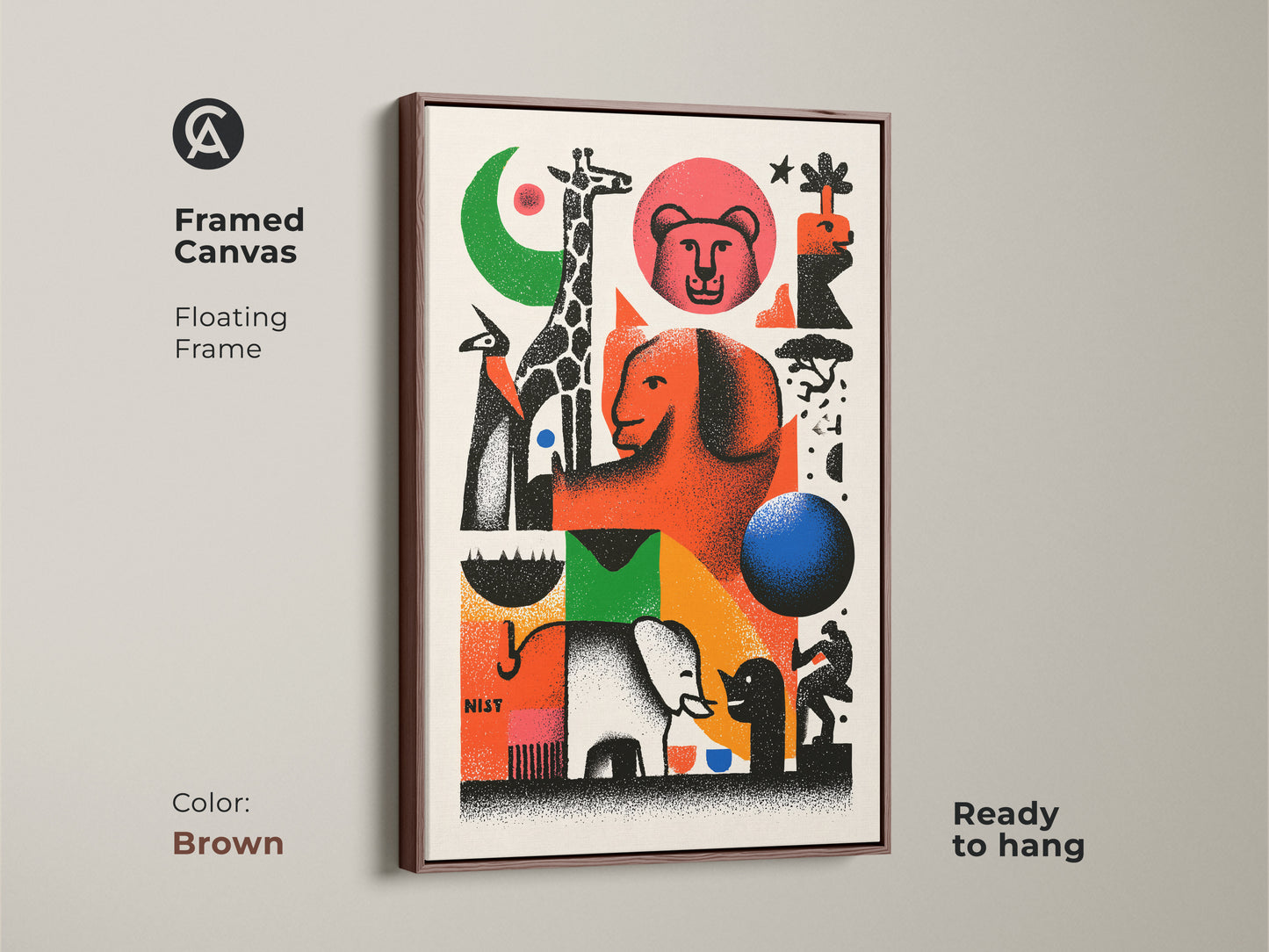 Framed canvas of animal artwork. This eclectic home decor canvas features abstract and geometric elements. Playful animal figures like giraffes and elephants are present. The floating frame is brown. Ideal as a housewarming gift or a statement piece for any room. This retro animal print is ready to hang.