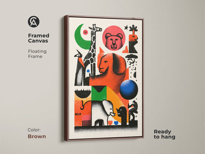 Framed canvas of animal artwork. This eclectic home decor canvas features abstract and geometric elements. Playful animal figures like giraffes and elephants are present. The floating frame is brown. Ideal as a housewarming gift or a statement piece for any room. This retro animal print is ready to hang.