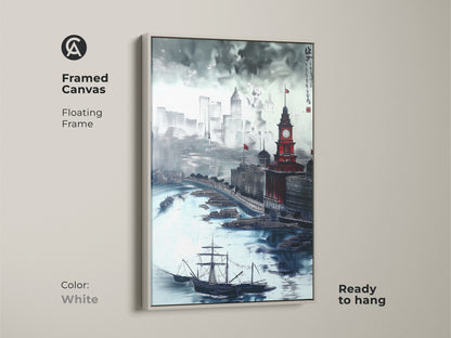 Framed canvas with floating frame. This white framed art shows a Chinese ink wash cityscape. The artwork features maritime architecture with a clock tower and tall ships. Ready to hang this eclectic home decor is sophisticated.