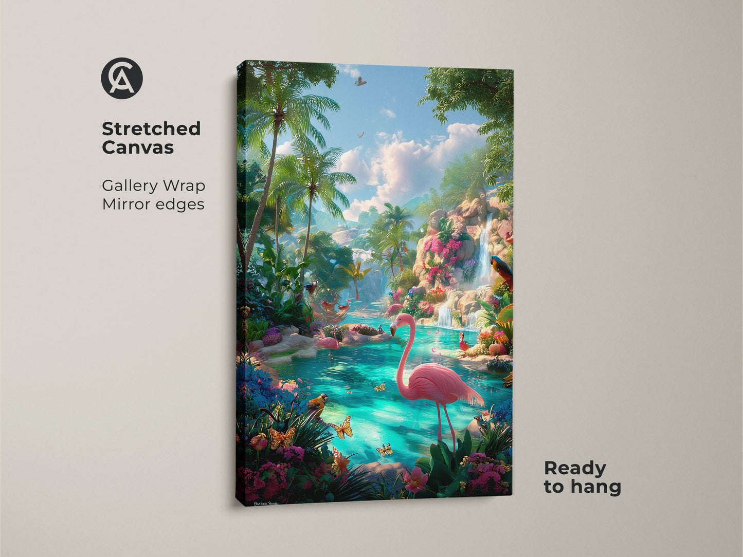 Stretched canvas gallery wrap of a tropical flamingo lagoon. Mirror edges create a seamless look. The vibrant scene includes pink flamingos palm trees and a waterfall. Ready to hang this canvas art brings nature indoors.