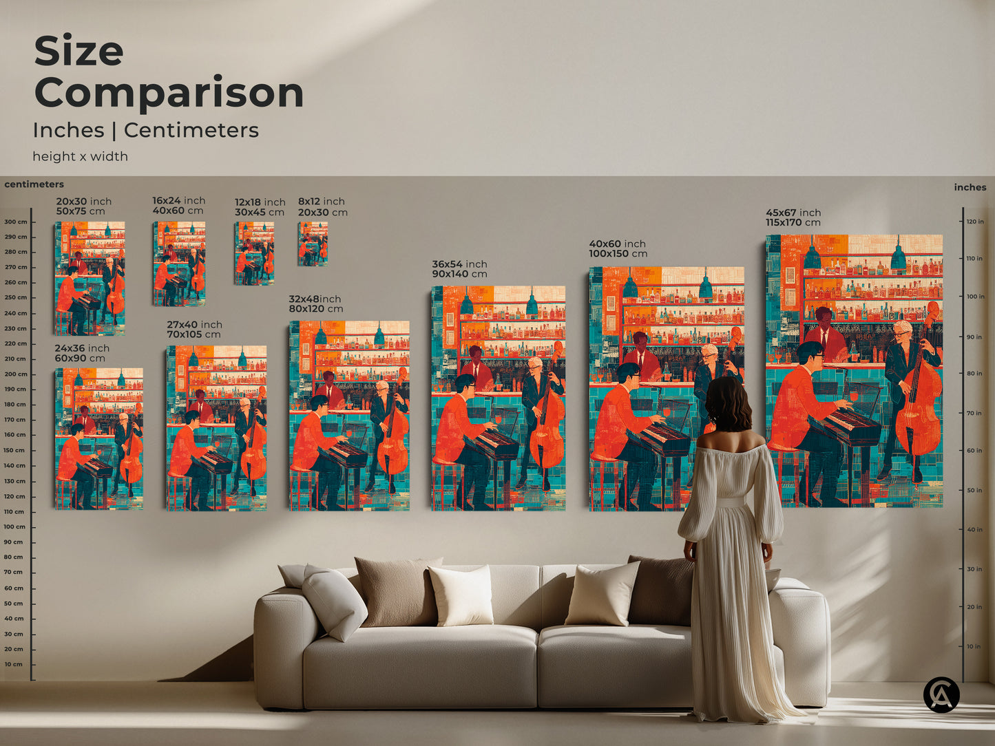 Size comparison showing the jazz bar artwork in inches and centimeters. The artwork is an orange teal retro jazz bar scene. It features a pianist and double bass player. The sizes range from small to large perfect for any space.