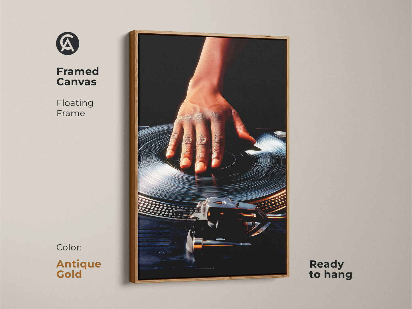 Antique gold framed canvas featuring hand on turntable art. Floating frame is ready to hang creating a cool office atmosphere. The orange and black color scheme adds a vintage feel to music studio art. This DJ culture canvas print makes a great birthday gift. Unique wall hanging for music lovers.