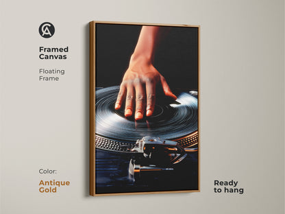 Antique gold framed canvas featuring hand on turntable art. Floating frame is ready to hang creating a cool office atmosphere. The orange and black color scheme adds a vintage feel to music studio art. This DJ culture canvas print makes a great birthday gift. Unique wall hanging for music lovers.