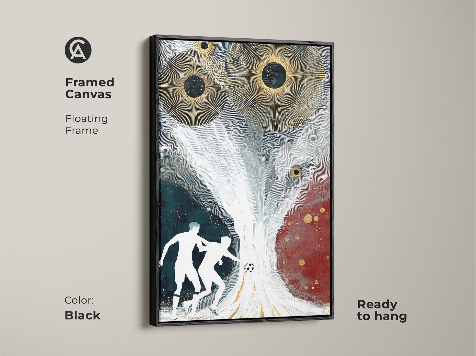 Framed canvas abstract soccer artwork with a black floating frame. The modern sports theme is perfect for a contemporary office decor. Striking gold accents enhance the dynamic soccer scene. Ready to hang and adds an artistic touch to any space with this canvas print.