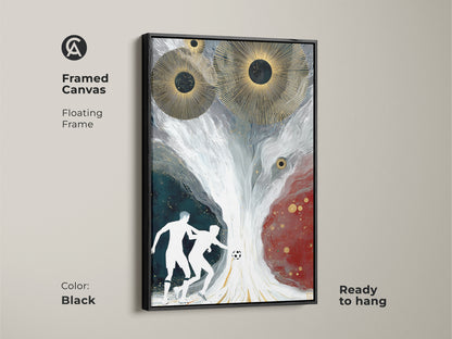Framed canvas abstract soccer artwork with a black floating frame. The modern sports theme is perfect for a contemporary office decor. Striking gold accents enhance the dynamic soccer scene. Ready to hang and adds an artistic touch to any space with this canvas print.