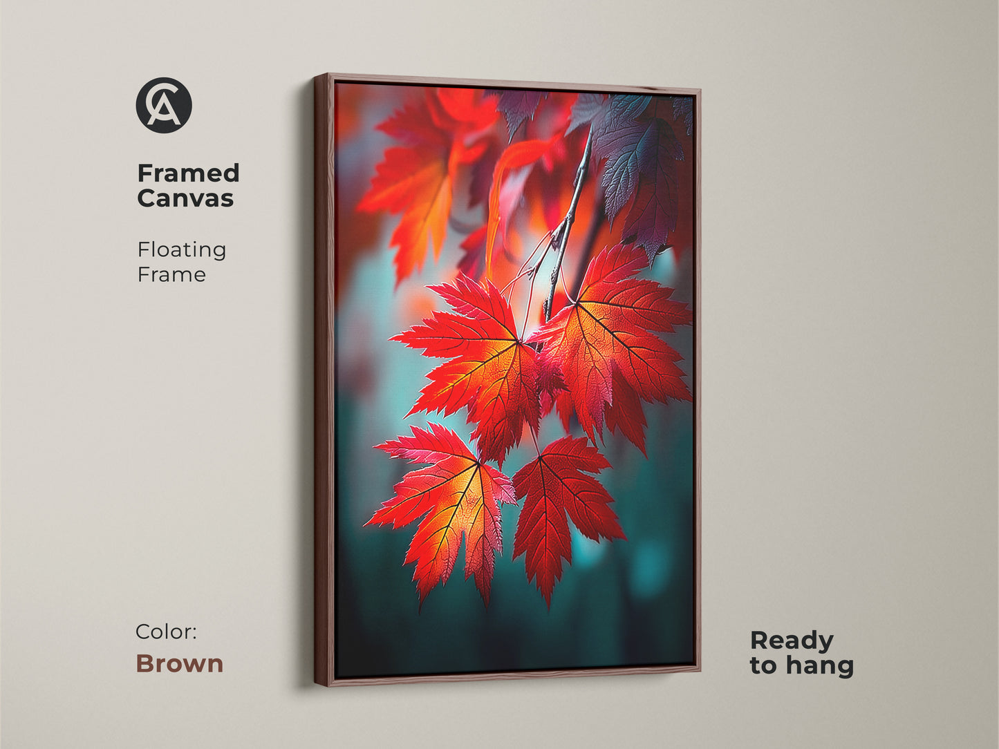 Framed canvas artwork featuring red maple leaves in a brown floating frame. The ready-to-hang art piece is perfect for home decor. It brings a warm natural aesthetic to any living space with its rich colors.