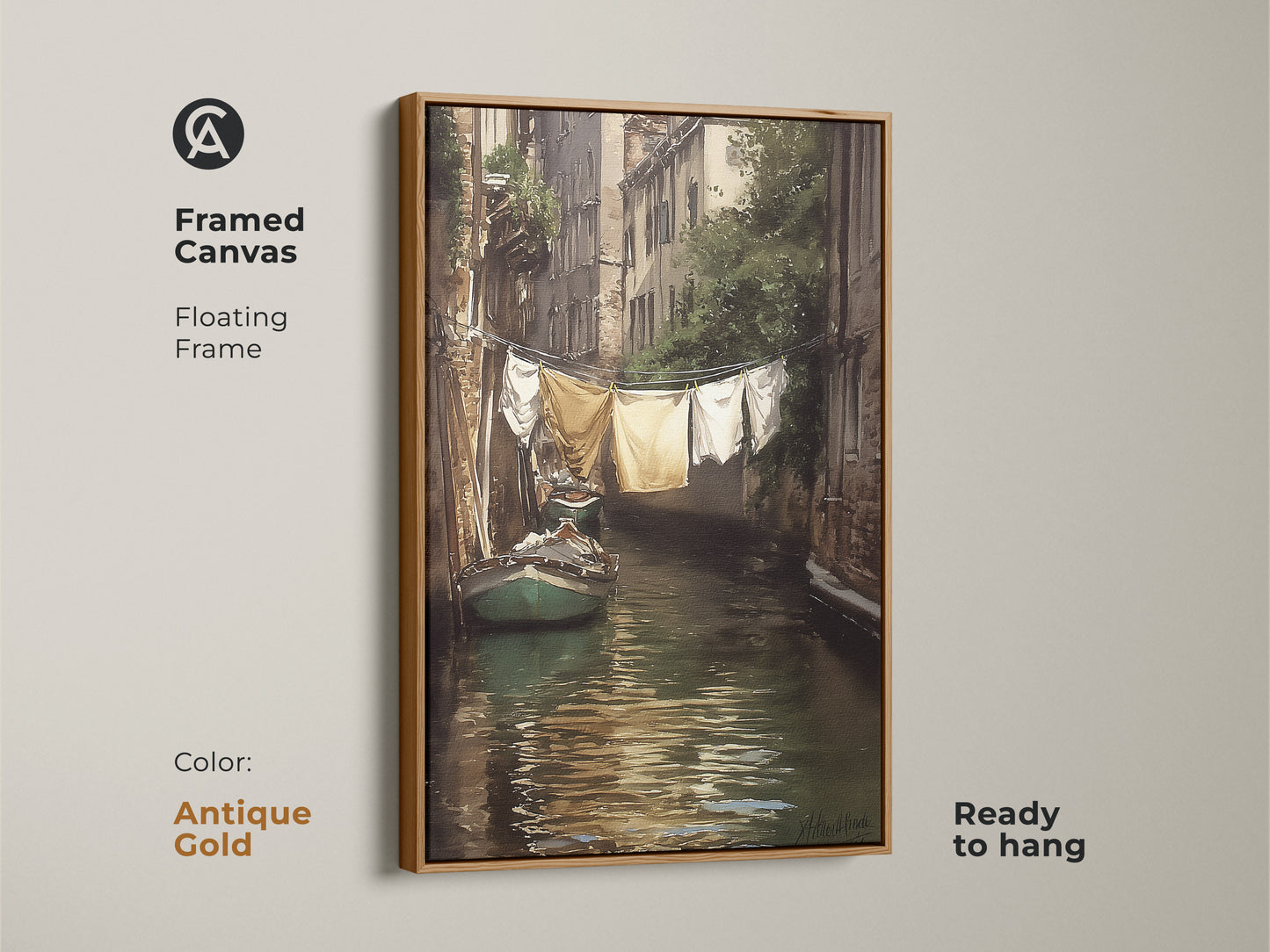 Framed canvas art of a Venetian canal with a traditional boat. An antique gold floating frame highlights this impressionistic cityscape wall art. Ready to hang this European inspired art adds a touch of old-world charm. A scenic wall decor for travel enthusiasts.