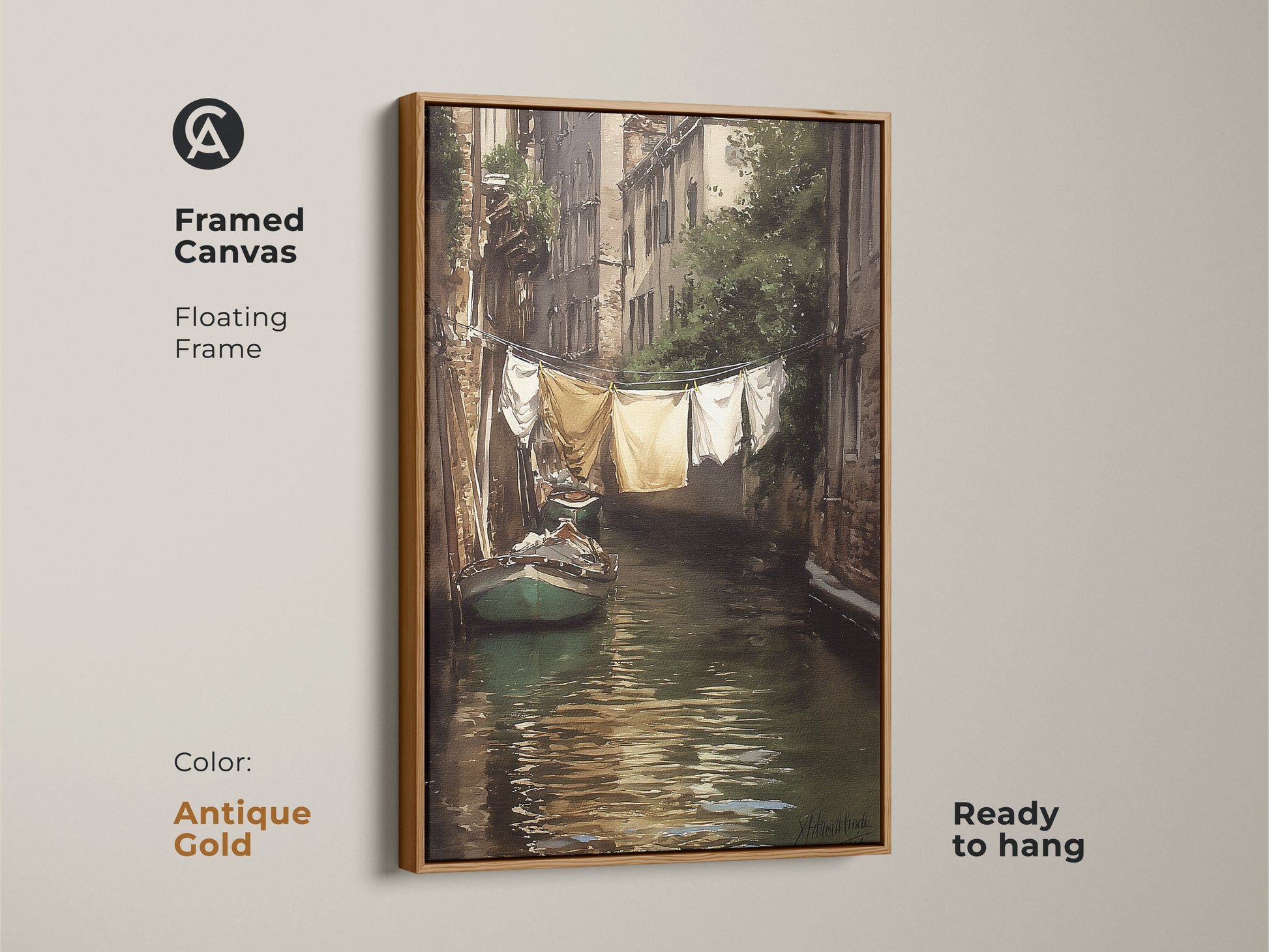 Framed canvas art of a Venetian canal with a traditional boat. An antique gold floating frame highlights this impressionistic cityscape wall art. Ready to hang this European inspired art adds a touch of old-world charm. A scenic wall decor for travel enthusiasts.