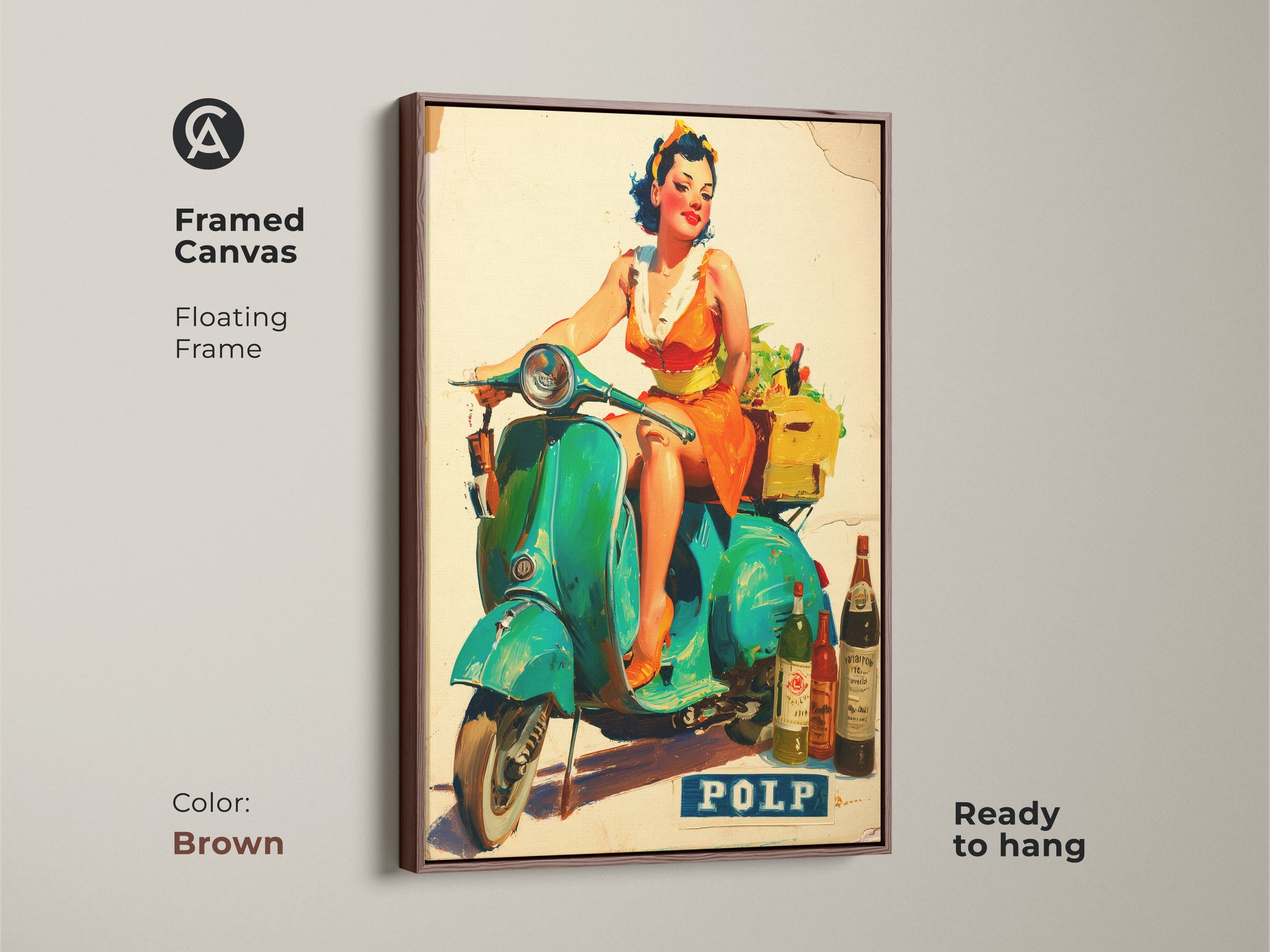 Framed canvas art showcases a woman on a Vespa scooter with wine. The floating frame is brown and ready to hang. Enhance your space with this vintage-inspired artwork perfect for adding character to your decor.