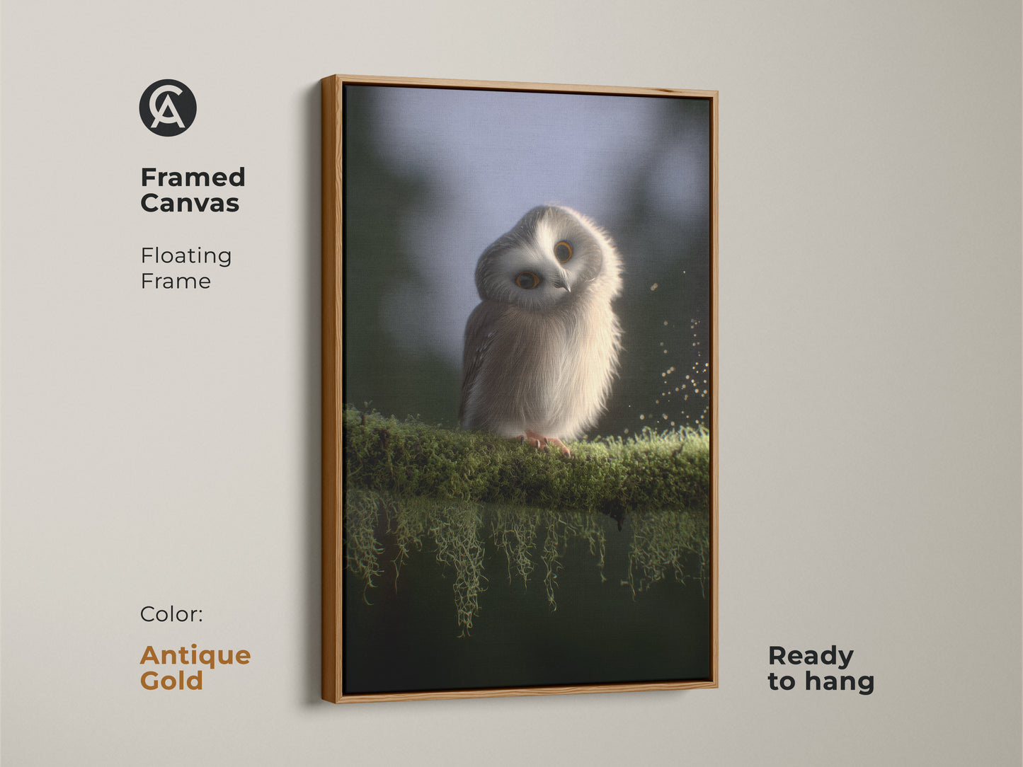 Framed canvas print of a baby owl. It is a cute owl wall art option for Scandinavian nurseries. The antique gold frame accentuates the wildlife art. It’s a charming and ready to hang artwork.