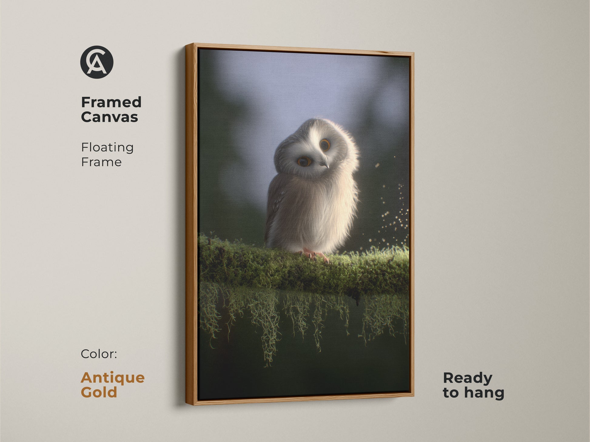 Framed canvas print of a baby owl. It is a cute owl wall art option for Scandinavian nurseries. The antique gold frame accentuates the wildlife art. It’s a charming and ready to hang artwork.