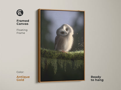 Framed canvas print of a baby owl. It is a cute owl wall art option for Scandinavian nurseries. The antique gold frame accentuates the wildlife art. It’s a charming and ready to hang artwork.