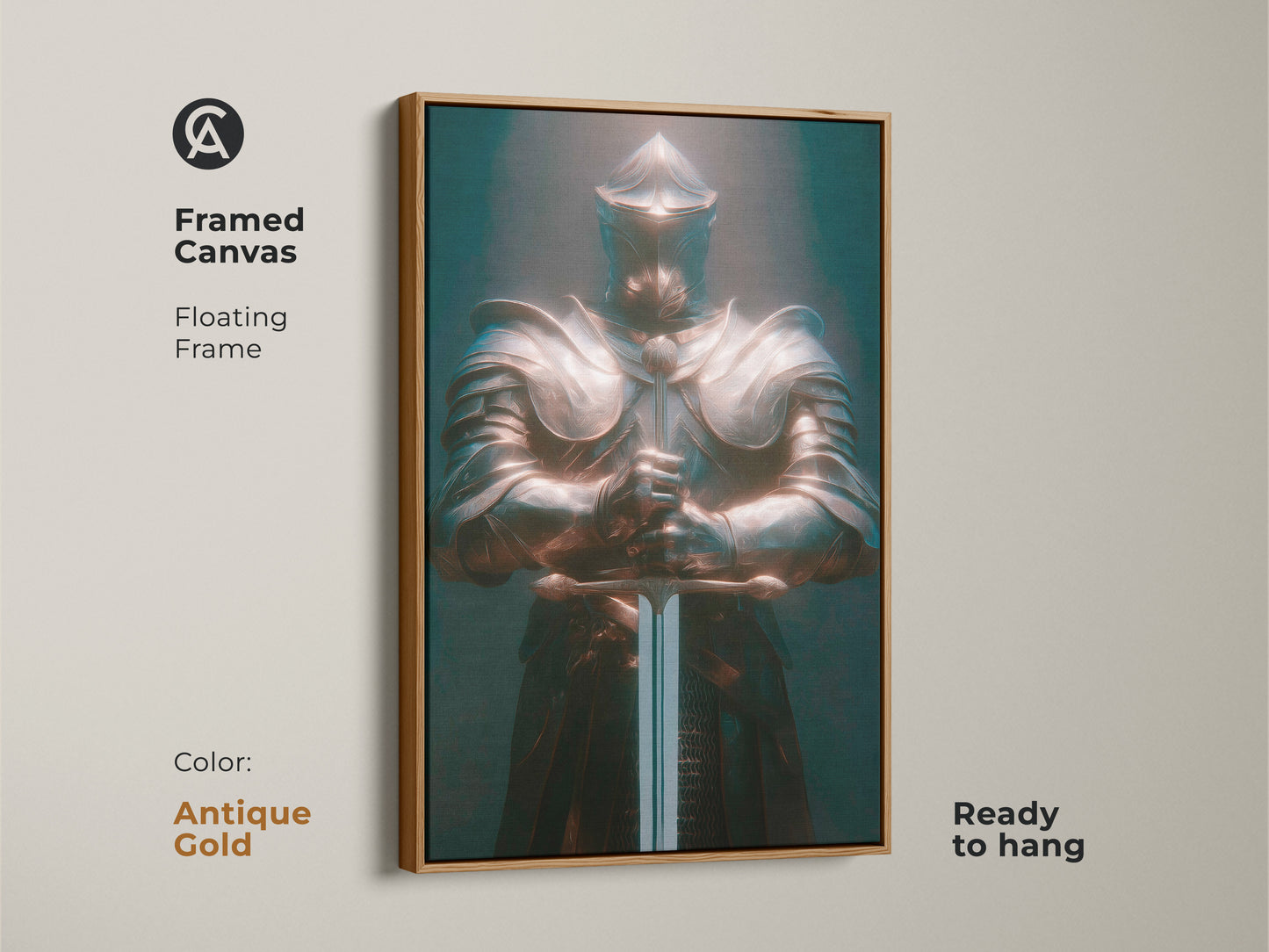 Framed canvas print featuring a gothic warrior. The floating frame is antique gold. This bronze teal knight artwork is ready to hang. The art shows a medieval knight in armor. It is perfect dark fantasy wall decor. It adds eclectic style to any room. A great gift for fantasy fans.