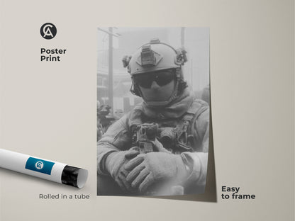Poster print of a soldier in tactical gear. This museum-quality paper art is rolled in a tube for easy framing. Ideal for adding a powerful statement to your space with this striking artwork.