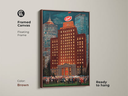 Framed canvas with a brown floating frame presenting a burnt orange cityscape art print. Showcasing a crowd scene and a golden yellow skyline this piece is a great keepsake. Ready to hang this narrative architecture artwork enhances office decor.