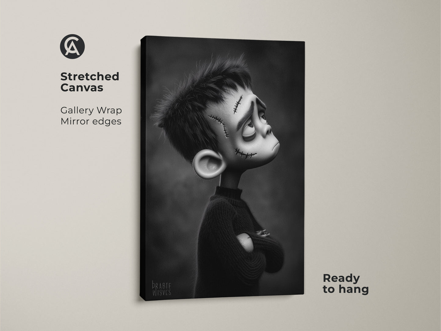 Stretched canvas art featuring a gothic Frankenstein boy. This dark fantasy character print is ready to hang. A black and white stitched monster canvas adds spooky charm. It's ideal for eclectic bedroom art.