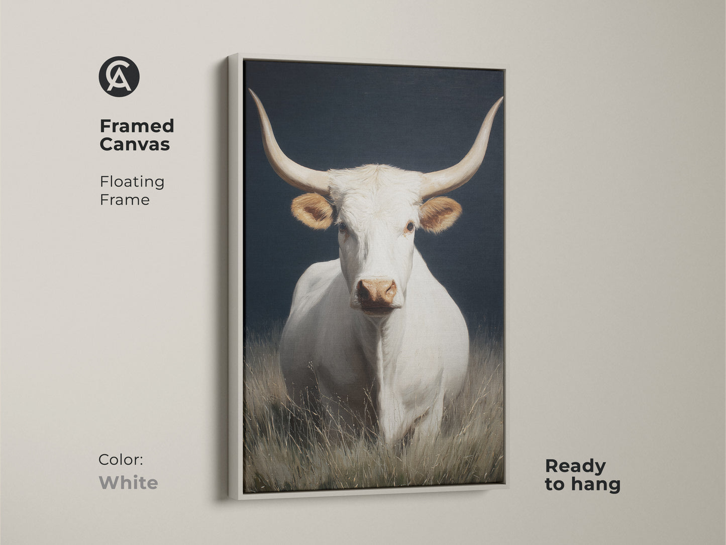 White longhorn cow art in a white framed canvas. The floating frame provides a clean look. This farmhouse rustic wall art is ready to hang. The western animal canvas art suits modern decor. Livestock herd decor adds a touch of nature. A realistic cow portrait with a dark background.