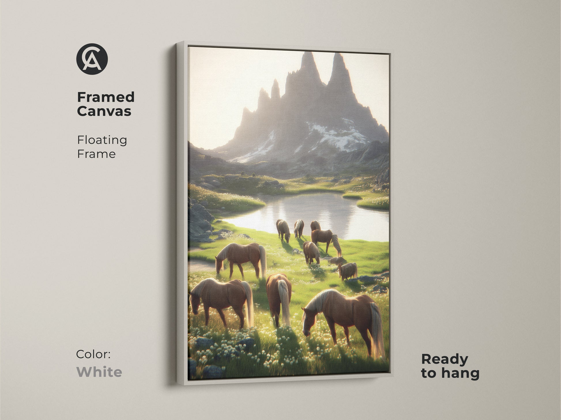 Framed canvas art featuring horses in a mountain setting. The white floating frame provides a clean look to this rustic mountain landscape wall art. Ready to hang equestrian home decor complements any interior. It is a perfect pastoral landscape art.