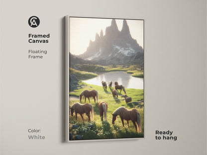 Framed canvas art featuring horses in a mountain setting. The white floating frame provides a clean look to this rustic mountain landscape wall art. Ready to hang equestrian home decor complements any interior. It is a perfect pastoral landscape art.