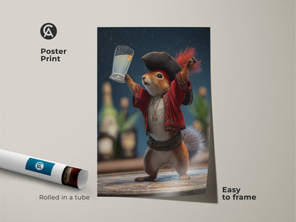 Poster print of a whimsical pirate squirrel raising a glass. This funny animal drinking artwork is perfect for eclectic home decor. Rolled in a tube it is easy to frame. A unique gift for animal lovers seeking quirky wall art.