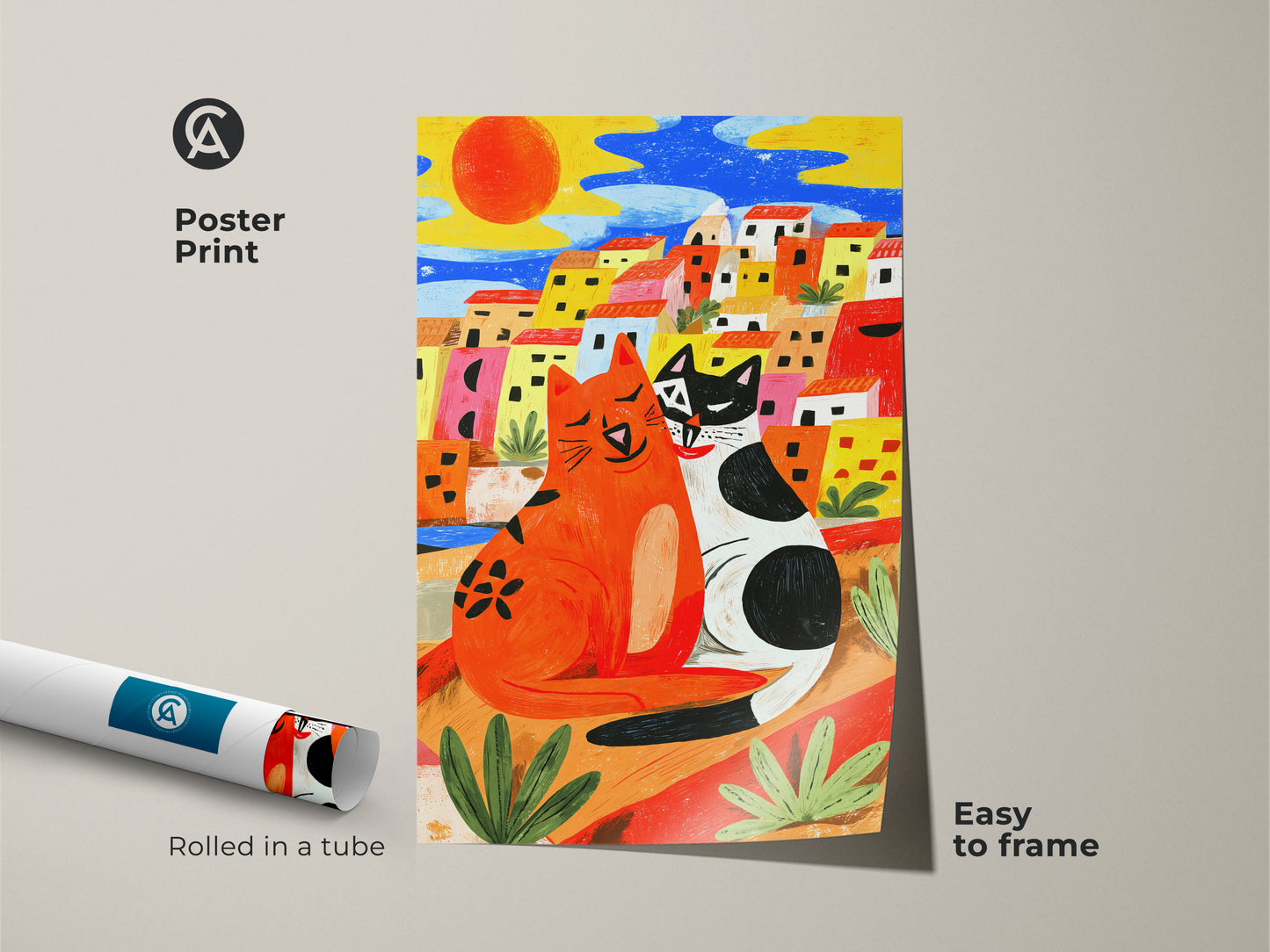 Naive style cat art print. It is rolled in a tube for easy framing. Features two cats in a colorful Mediterranean town scene. This poster print is perfect for adding a quirky touch to your boho home decor. Great for cat lovers.