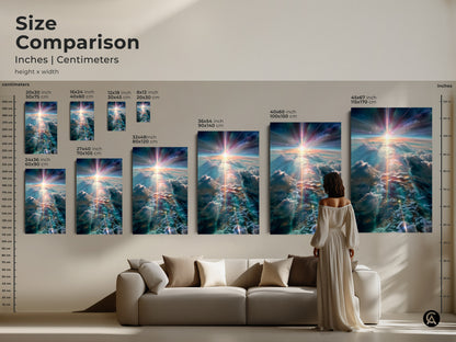 Size comparison of cosmic sky artwork in inches and centimeters. See how the art transforms different spaces. Available in multiple sizes for canvas and poster prints. Choose the ideal size for your home decor.