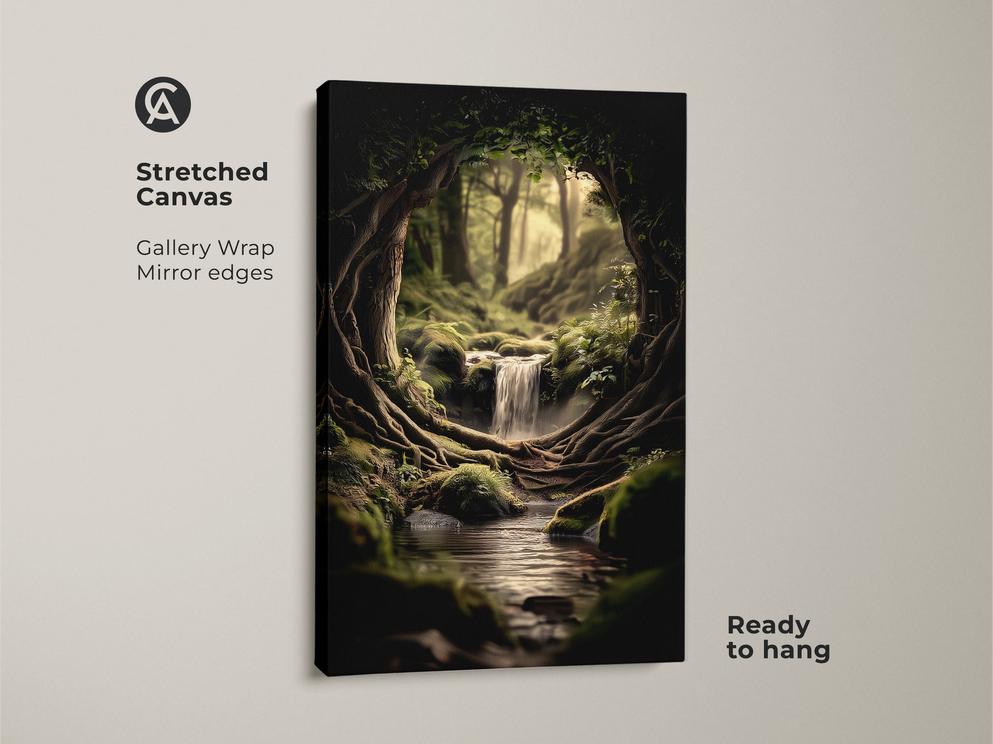 Stretched Canvas displays fantasy digital painting of a forest waterfall. Gallery wrap with mirror edges shows emerald and moss green tones. It is a ready-to-hang biophilic nature wall art piece.