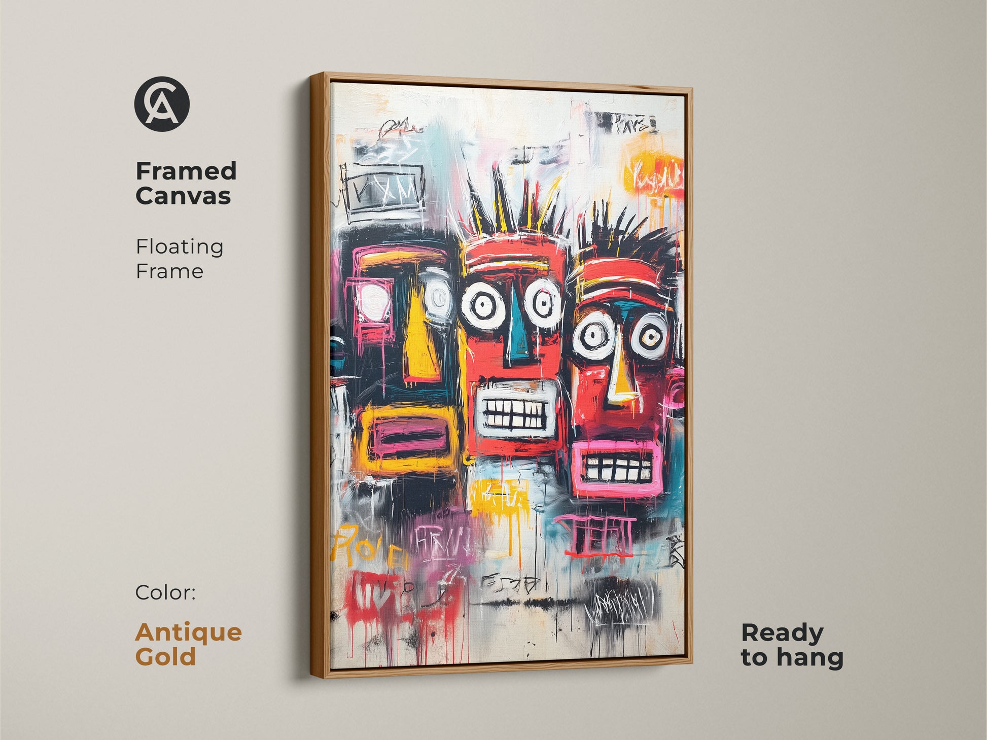 Framed canvas art featuring three colorful tribal faces. The antique gold floating frame adds a touch of elegance. Ready to hang and enjoy. Elevate your home decor with this striking artwork.