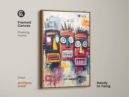 Framed canvas art featuring three colorful tribal faces. The antique gold floating frame adds a touch of elegance. Ready to hang and enjoy. Elevate your home decor with this striking artwork.