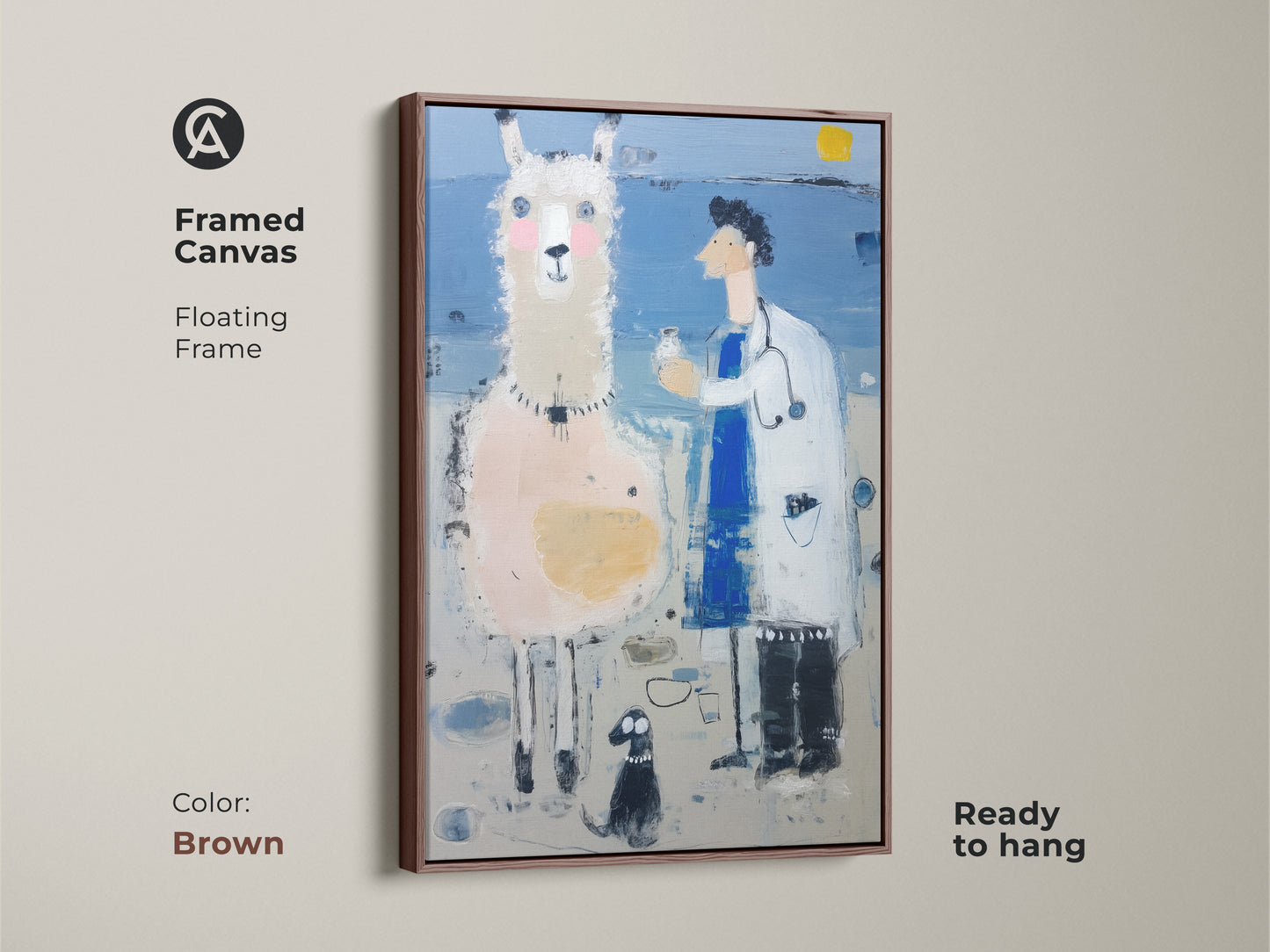 This is a framed canvas of a llama and a doctor. This framed canvas has a floating brown frame. It is a animal portrait painting that is ready to hang. It's a funny pet gift and it will be a great addition to any home.