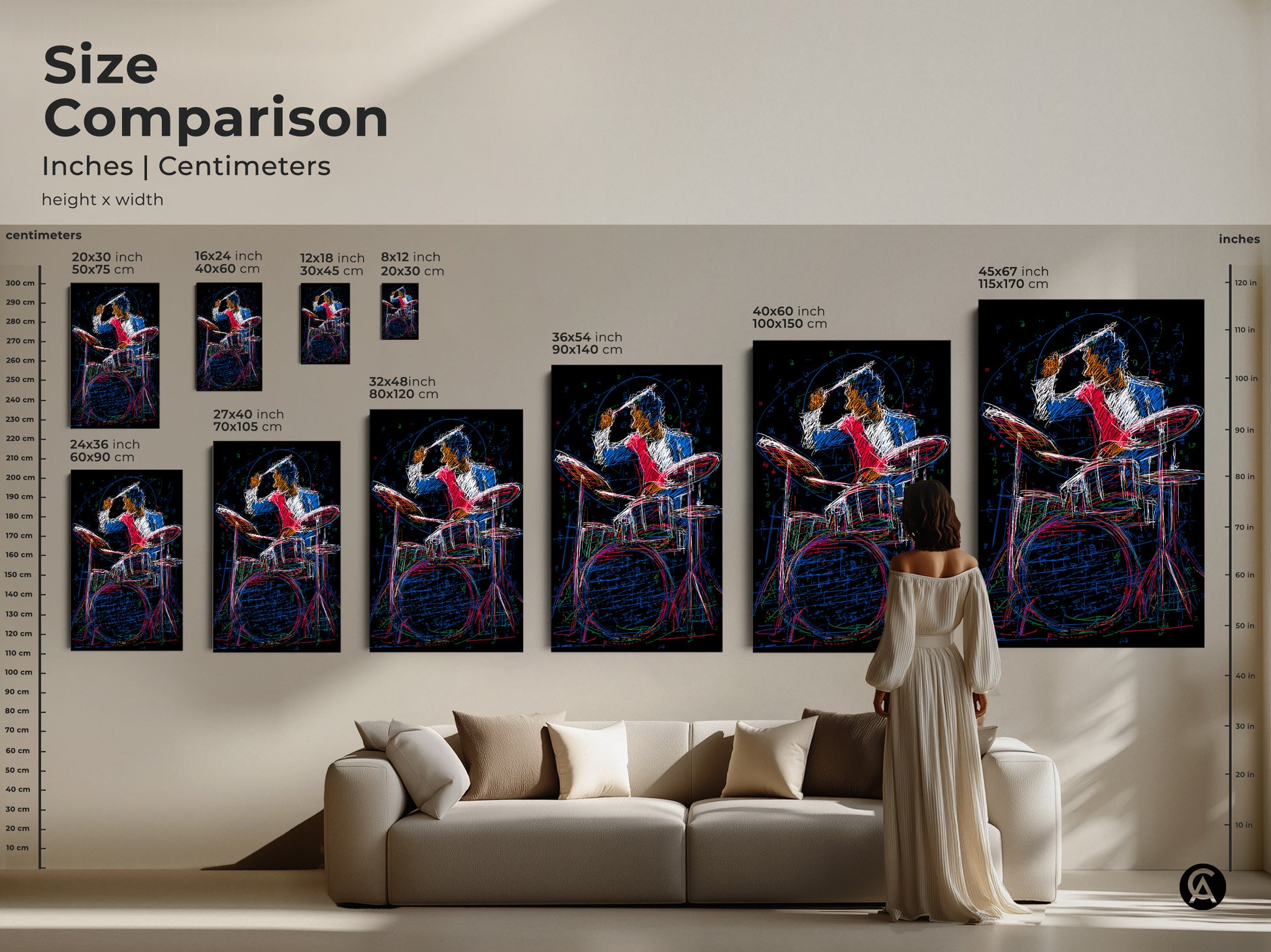Size comparison showcasing abstract drummer art prints in various dimensions. The red blue and black artwork adds dynamic style to any space. Find the perfect fit for your wall with this size guide.