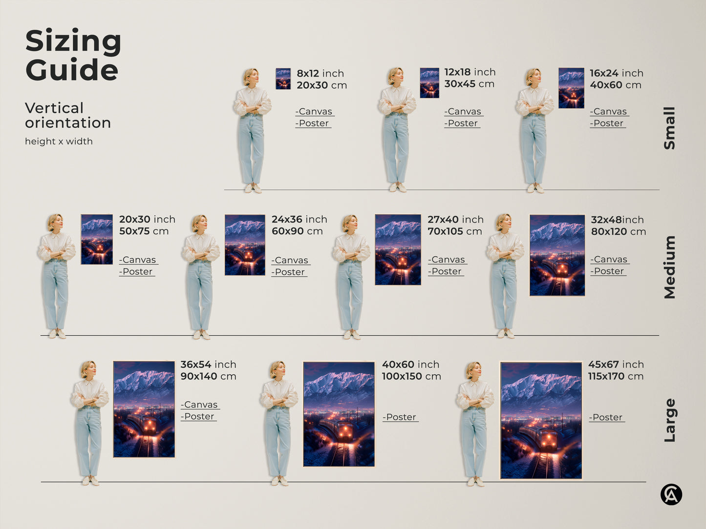 Vertical orientation and sizing guide for canvas and poster artwork. Showcase art with a winter train landscape in a range of sizes. From small 8x12 to large 45x67 inches. Featuring mountain cityscape. Find the ideal fit for your space. Perfect journey-themed decor for any room.
