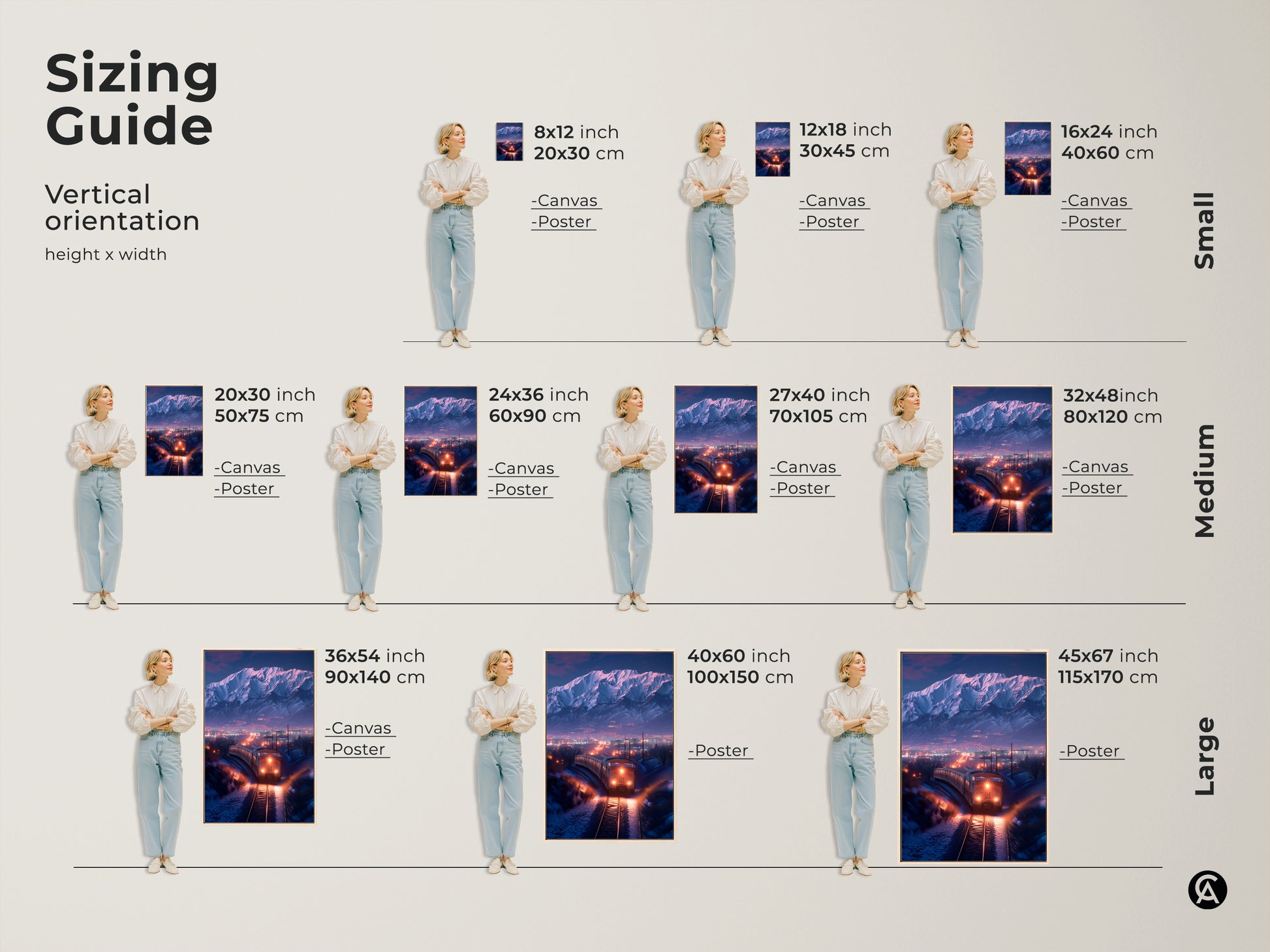 Vertical orientation and sizing guide for canvas and poster artwork. Showcase art with a winter train landscape in a range of sizes. From small 8x12 to large 45x67 inches. Featuring mountain cityscape. Find the ideal fit for your space. Perfect journey-themed decor for any room.