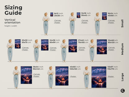 Vertical orientation and sizing guide for canvas and poster artwork. Showcase art with a winter train landscape in a range of sizes. From small 8x12 to large 45x67 inches. Featuring mountain cityscape. Find the ideal fit for your space. Perfect journey-themed decor for any room.