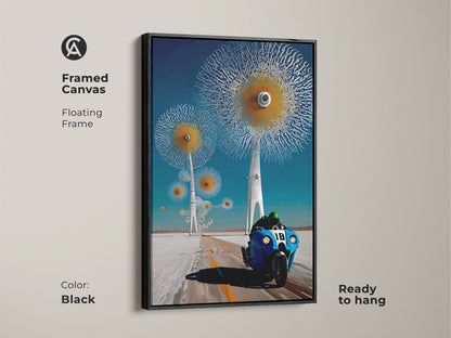 This framed canvas features a surreal motorcycle with abstract dandelion art. The black floating frame enhances this futuristic blue orange art. Ready to hang this contemporary art print adds a modern surrealism art touch to any room.