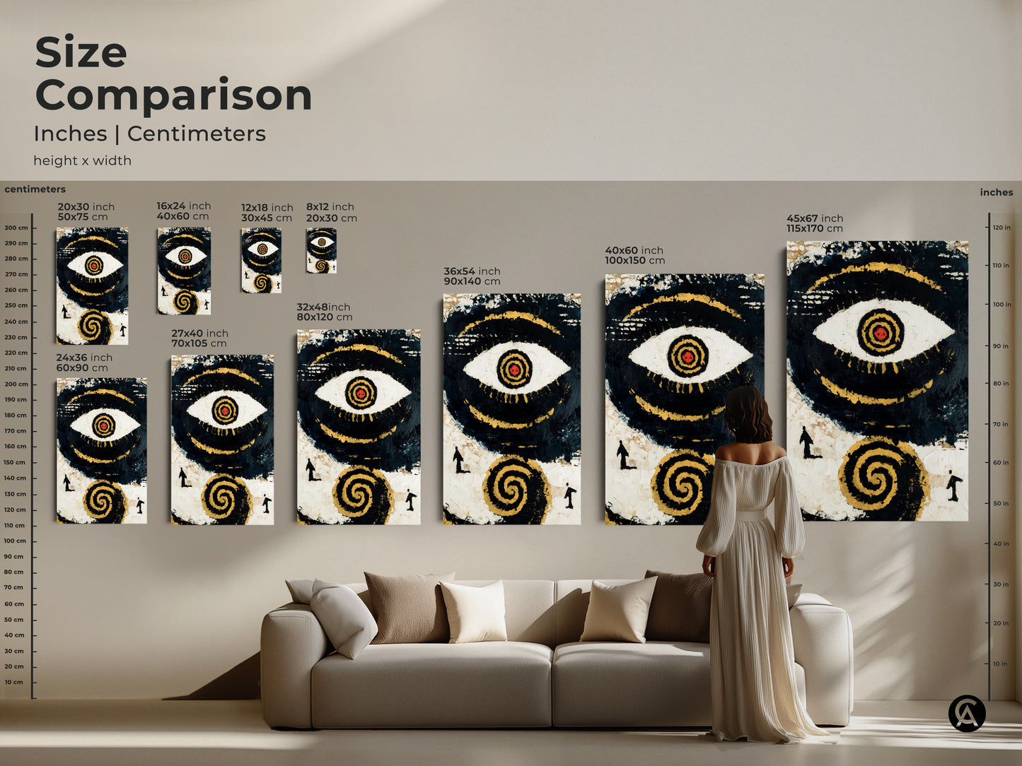 Size Comparison of Abstract Eye Art shows the artwork in inches and centimeters. The canvas and poster print sizes range to fit any space. Visualize how the artwork transforms your living room with this size comparison. Perfect wall decor for spiritual home offices and more.