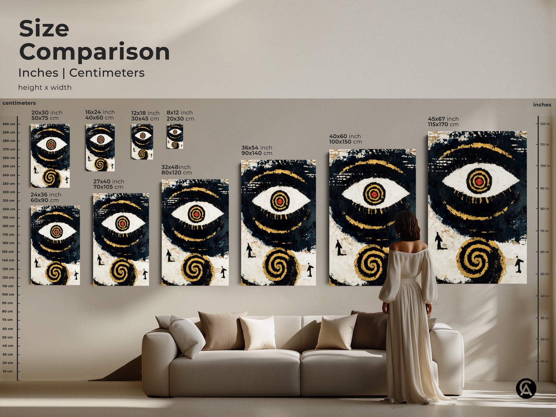 Size Comparison of Abstract Eye Art shows the artwork in inches and centimeters. The canvas and poster print sizes range to fit any space. Visualize how the artwork transforms your living room with this size comparison. Perfect wall decor for spiritual home offices and more.
